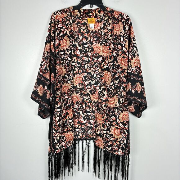 Women Kimono Open Front Cardigan 3X Plus Fringe Orange Black Boho Fall Artsy - Picture 1 of 6